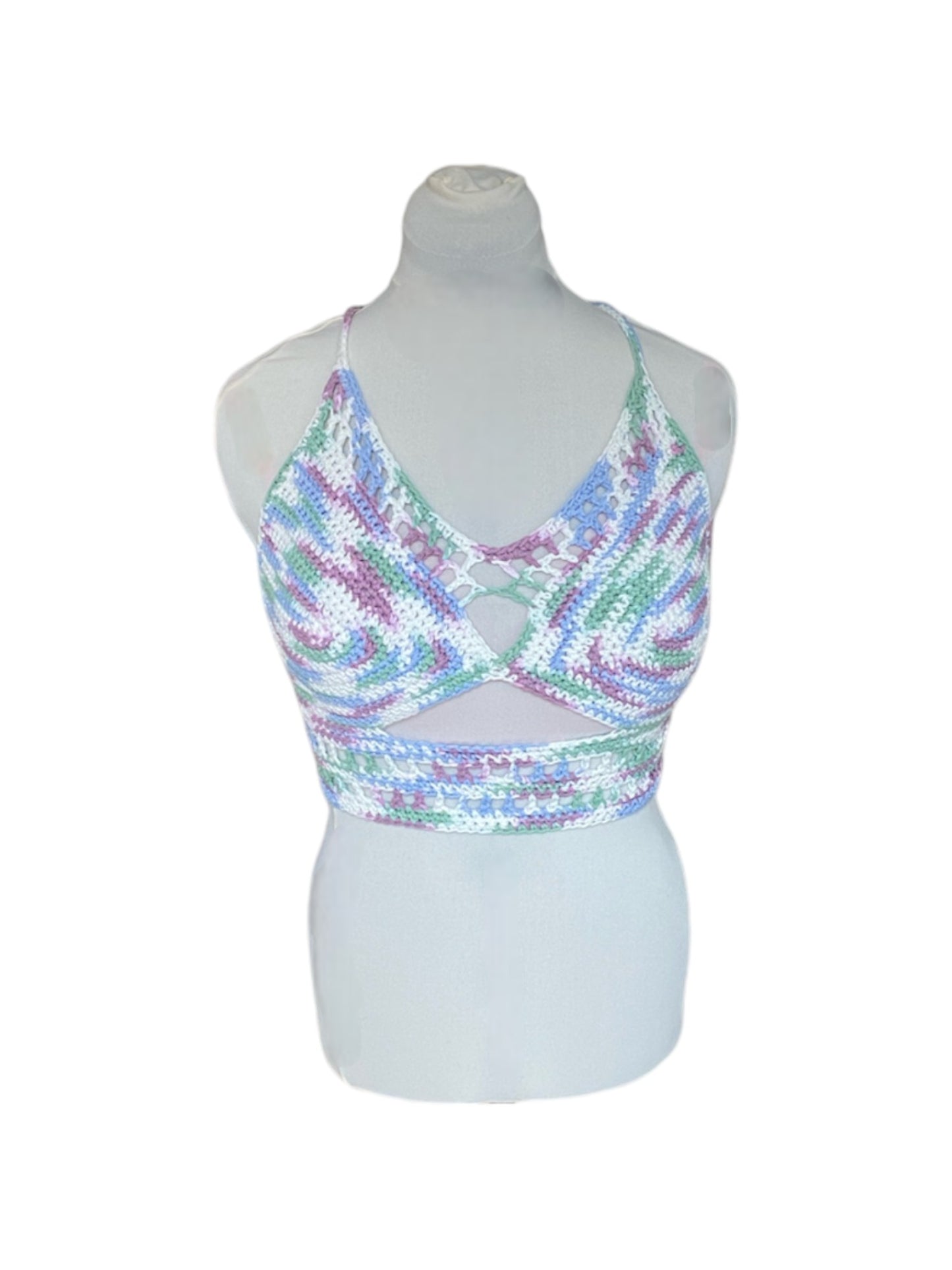 Gehaakte crop-top/bralette paars blauw groen wit - handgemaakte festival top van 100% katoen - maat XL