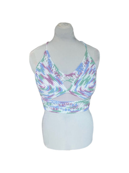 Gehaakte crop-top/bralette paars blauw groen wit - handgemaakte festival top van 100% katoen - maat XL