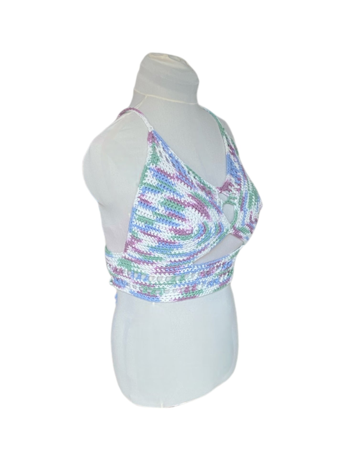 Gehaakte crop-top/bralette paars blauw groen wit - handgemaakte festival top van 100% katoen - maat XL