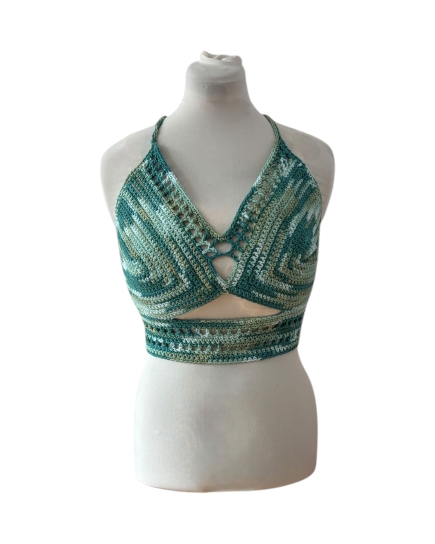 Gehaakte crop-top/bralette groene tinten - handgemaakte festival top van 100% katoen - maat XL