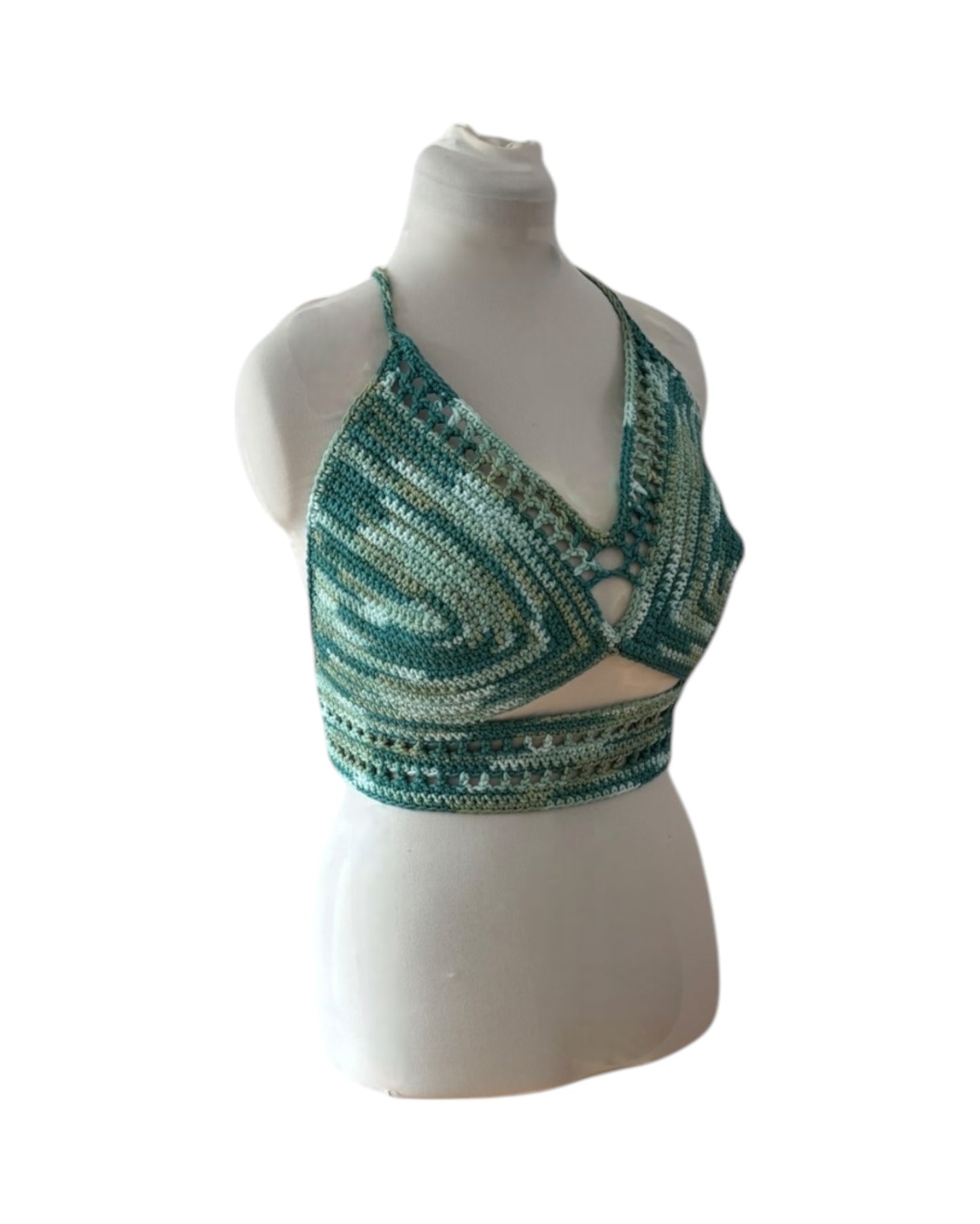 Gehaakte crop-top/bralette groene tinten - handgemaakte festival top van 100% katoen - maat XL