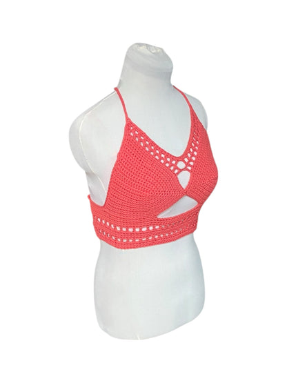 Gehaakte crop-top/bralette koraal kleur - handgemaakte festival top van 100% katoen - maat M