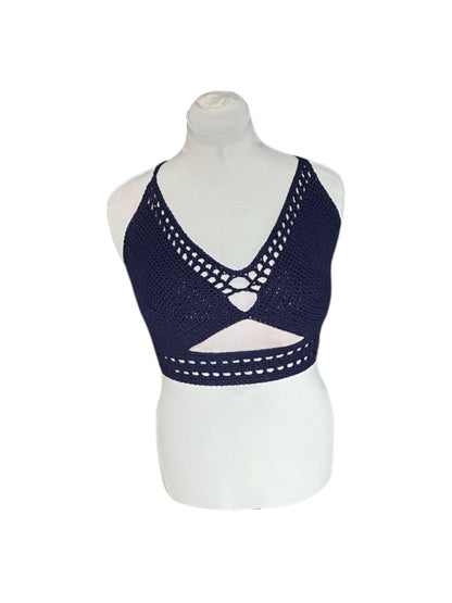 Gehaakte crop-top/bralette donkerblauw - handgemaakte festival top van 100% katoen - maat L