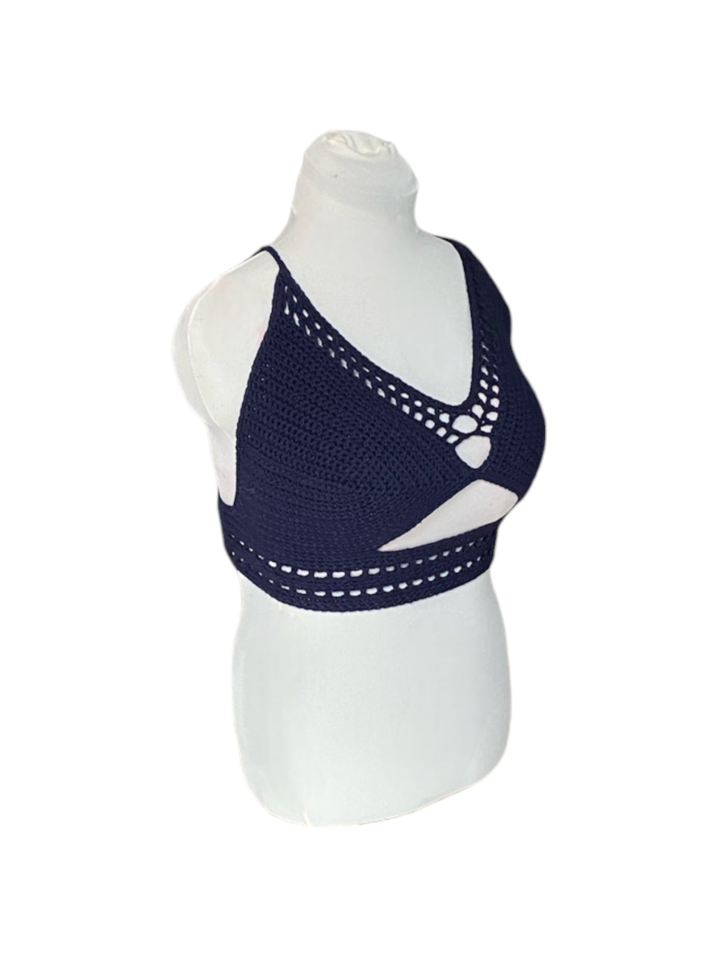 Gehaakte crop-top/bralette donkerblauw - handgemaakte festival top van 100% katoen - maat L