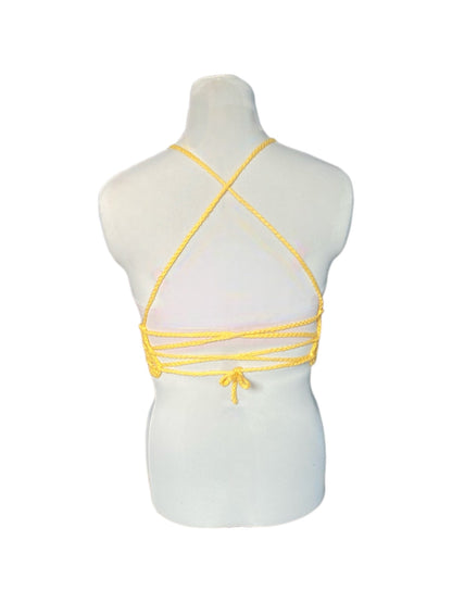 Gehaakte gele crop-top/bralette - handgemaakte festival top van 100% katoen - maat S