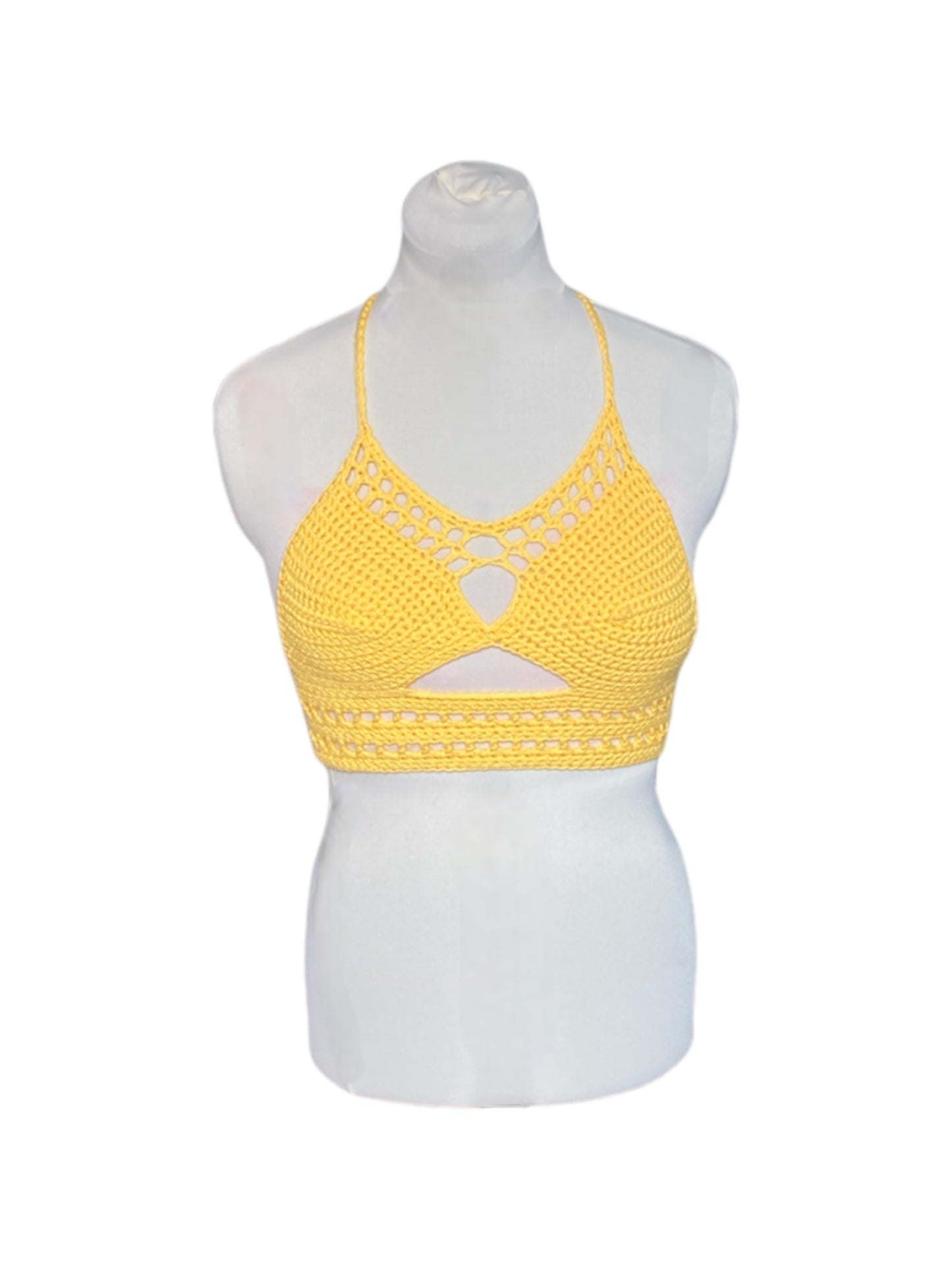 Gehaakte gele crop-top/bralette - handgemaakte festival top van 100% katoen - maat S