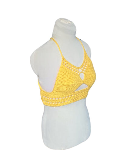 Gehaakte gele crop-top/bralette - handgemaakte festival top van 100% katoen - maat S