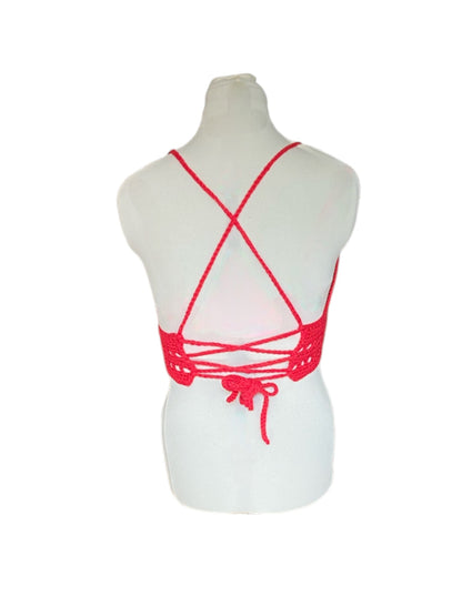 Gehaakte rode crop-top/bralette  - handgemaakte festival top van 100% katoen - maat M
