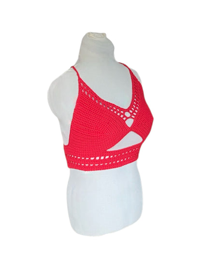 Gehaakte rode crop-top/bralette  - handgemaakte festival top van 100% katoen - maat M