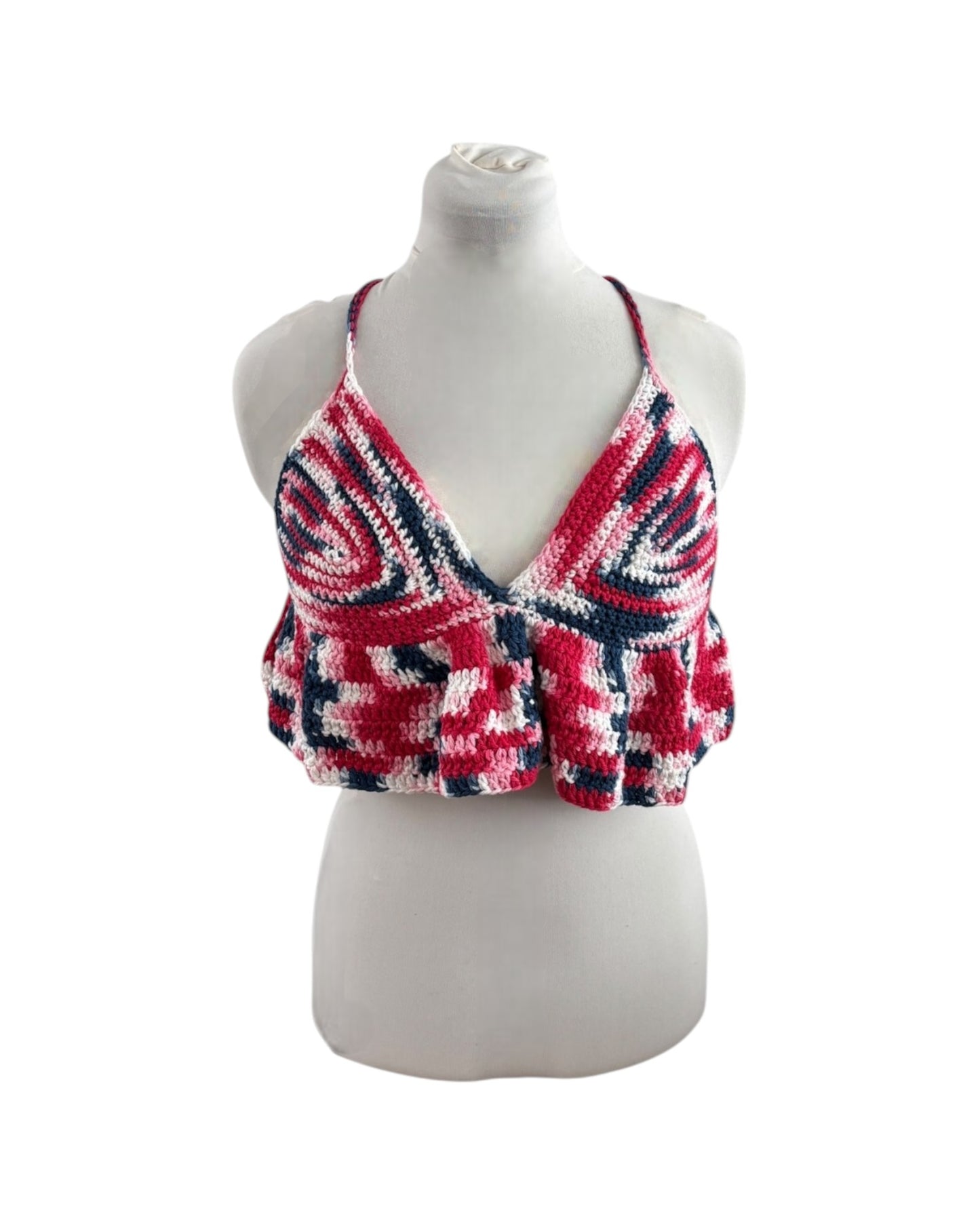 Gehaakte crop-top/bralette van 100% katoen – handgemaakte festival top met speelse ruches van roze, witte en donkerblauwe kleur– maat S