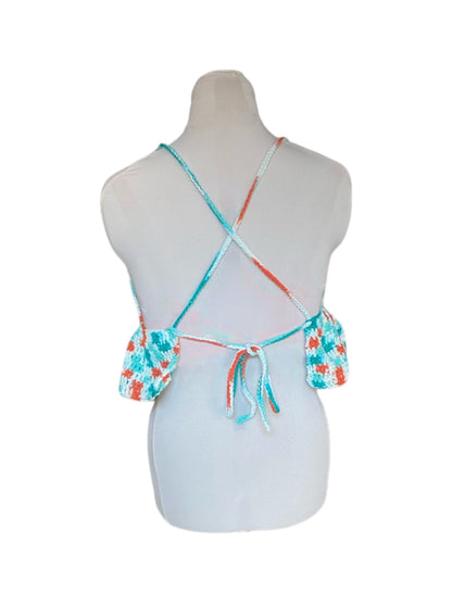 Gehaakte crop-top/bralette van 100% katoen – handgemaakte festival top met speelse ruches in de kleuren wit, oranje en turquoise – maat XL