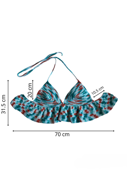 Gehaakte crop-top/bralette van 100% katoen – handgemaakte festival top met speelse ruches in de kleuren wit, oranje en turquoise – maat XL