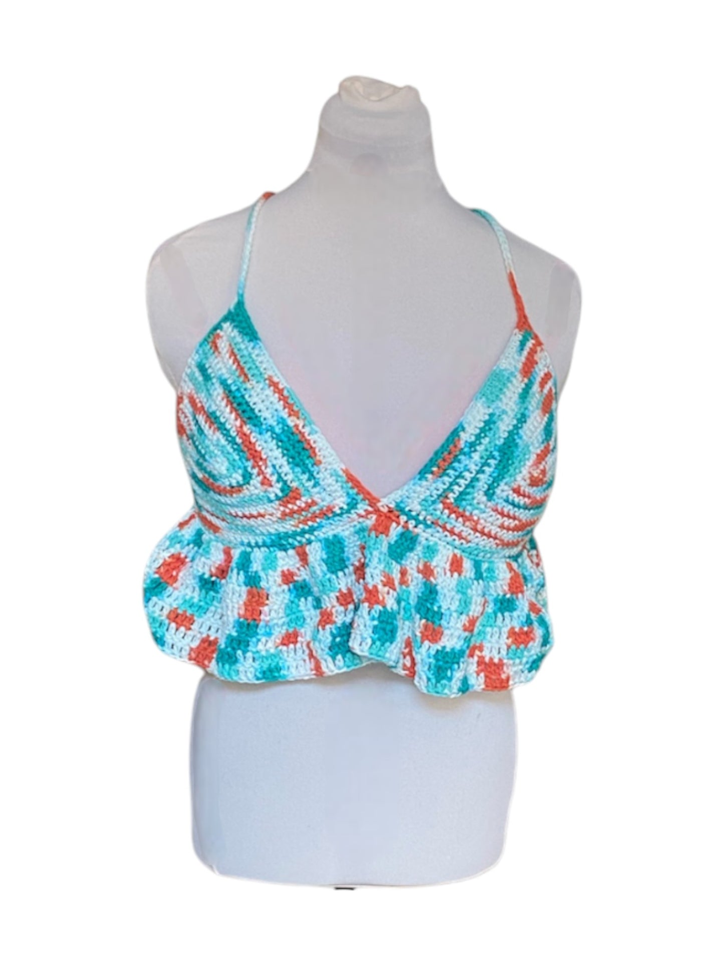 Gehaakte crop-top/bralette van 100% katoen – handgemaakte festival top met speelse ruches in de kleuren wit, oranje en turquoise – maat XL