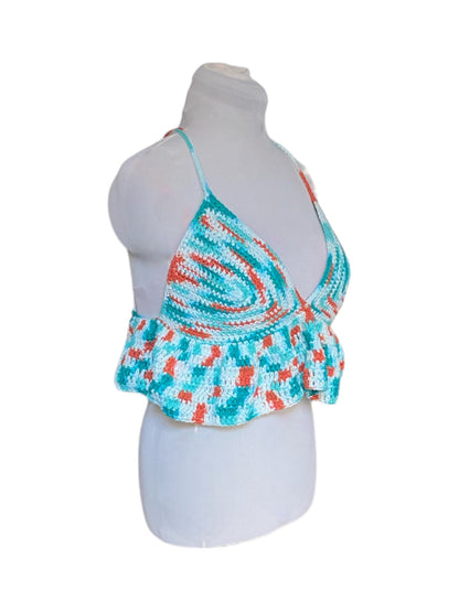 Gehaakte crop-top/bralette van 100% katoen – handgemaakte festival top met speelse ruches in de kleuren wit, oranje en turquoise – maat XL