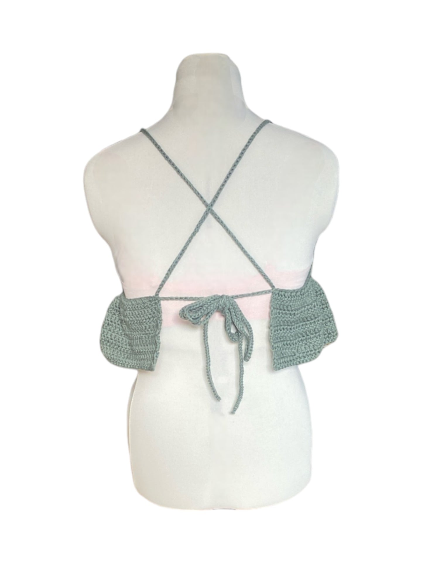 Gehaakte legergroene crop-top/bralette van 100% katoen – handgemaakte festival top met speelse ruches  – maat XL