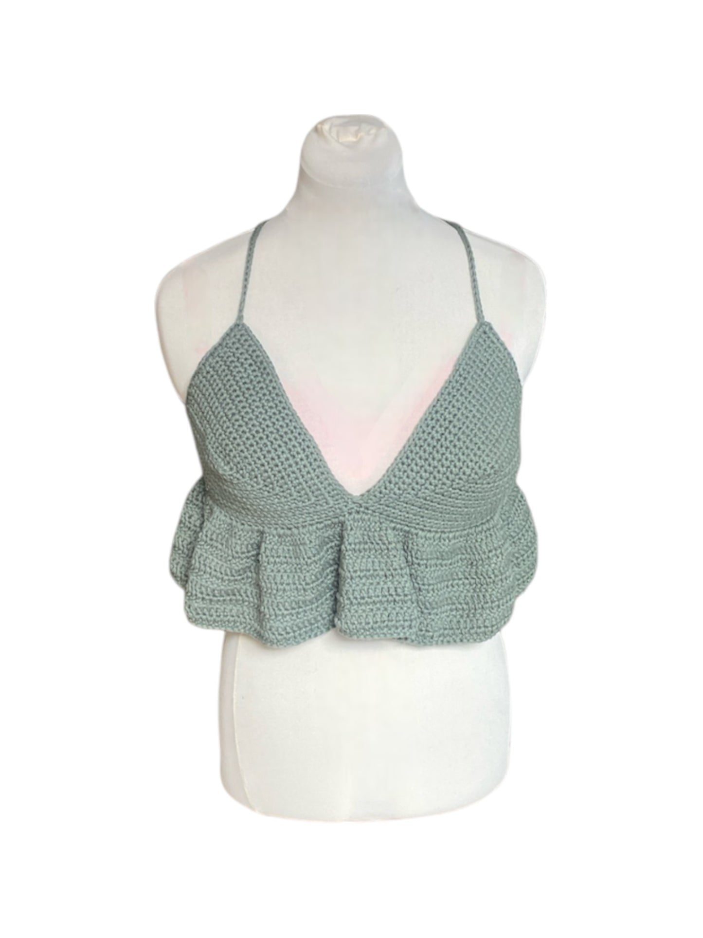 Gehaakte legergroene crop-top/bralette van 100% katoen – handgemaakte festival top met speelse ruches  – maat XL