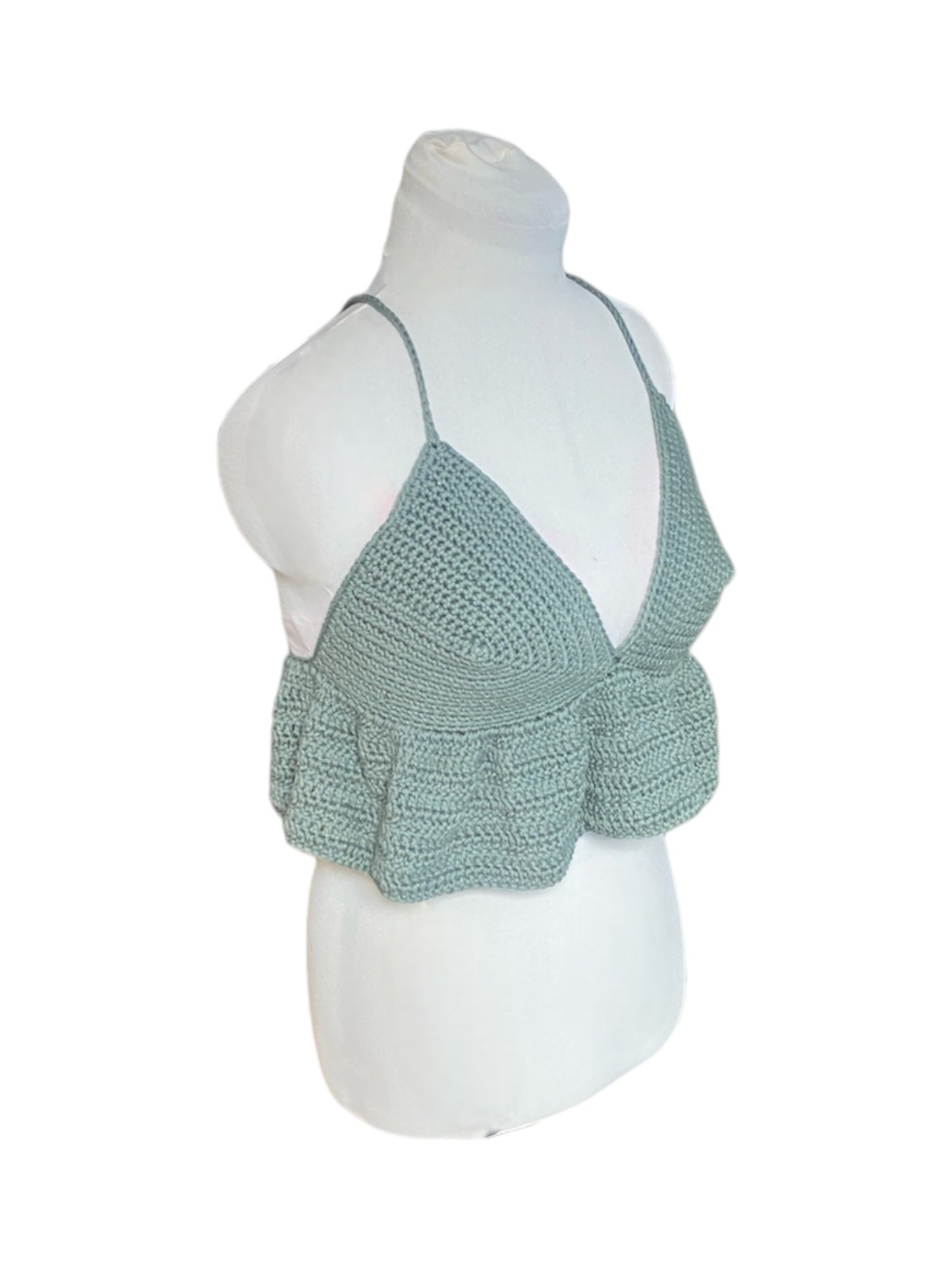 Gehaakte legergroene crop-top/bralette van 100% katoen – handgemaakte festival top met speelse ruches  – maat XL