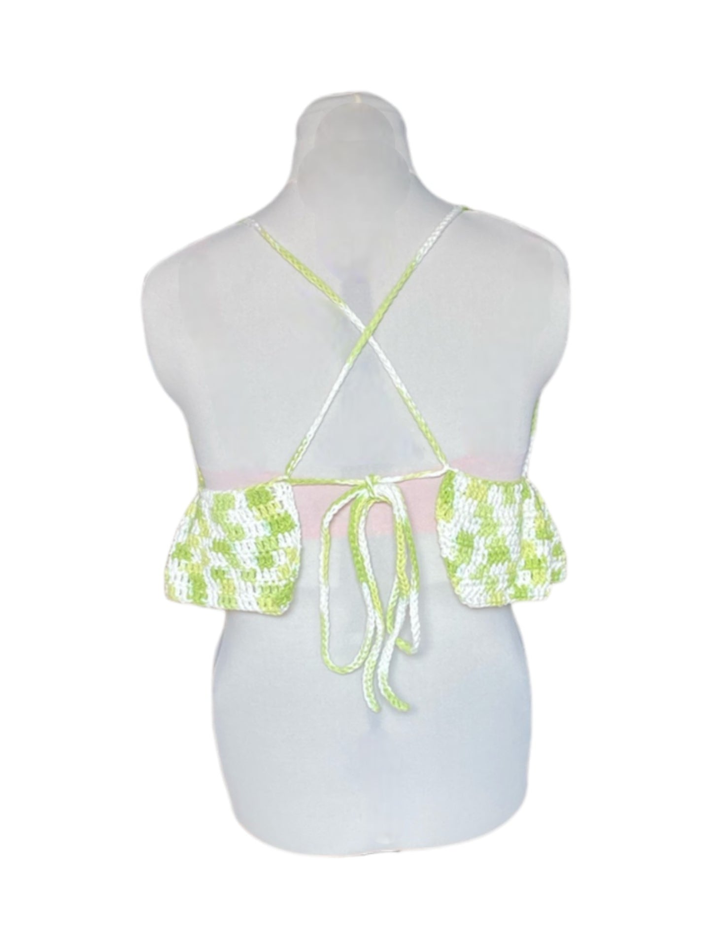 Gehaakte lichtgroene/witte crop-top/bralette van 100% katoen – handgemaakte festival top met speelse ruches  – maat L