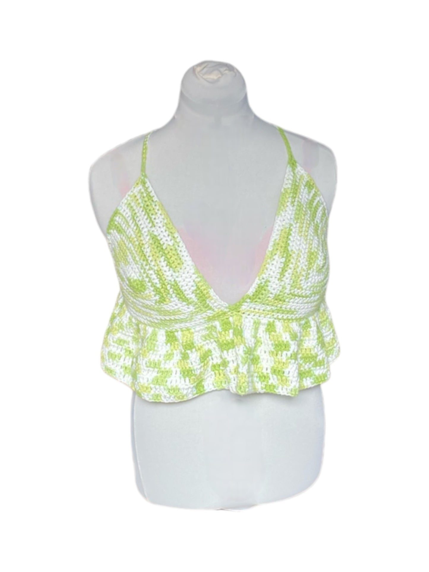 Gehaakte lichtgroene/witte crop-top/bralette van 100% katoen – handgemaakte festival top met speelse ruches  – maat L