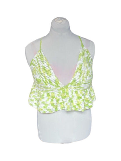 Gehaakte lichtgroene/witte crop-top/bralette van 100% katoen – handgemaakte festival top met speelse ruches  – maat L