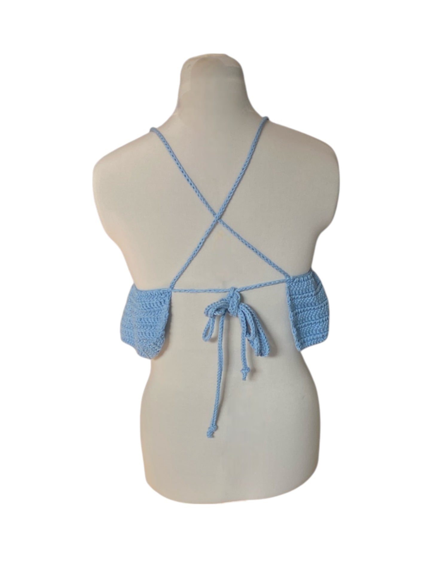 Gehaakte lichtblauwe crop-top/bralette van 100% katoen – handgemaakte festival top met speelse ruches – maat S