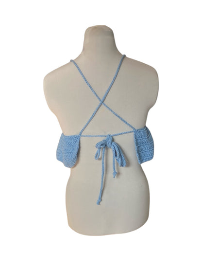 Gehaakte lichtblauwe crop-top/bralette van 100% katoen – handgemaakte festival top met speelse ruches – maat S