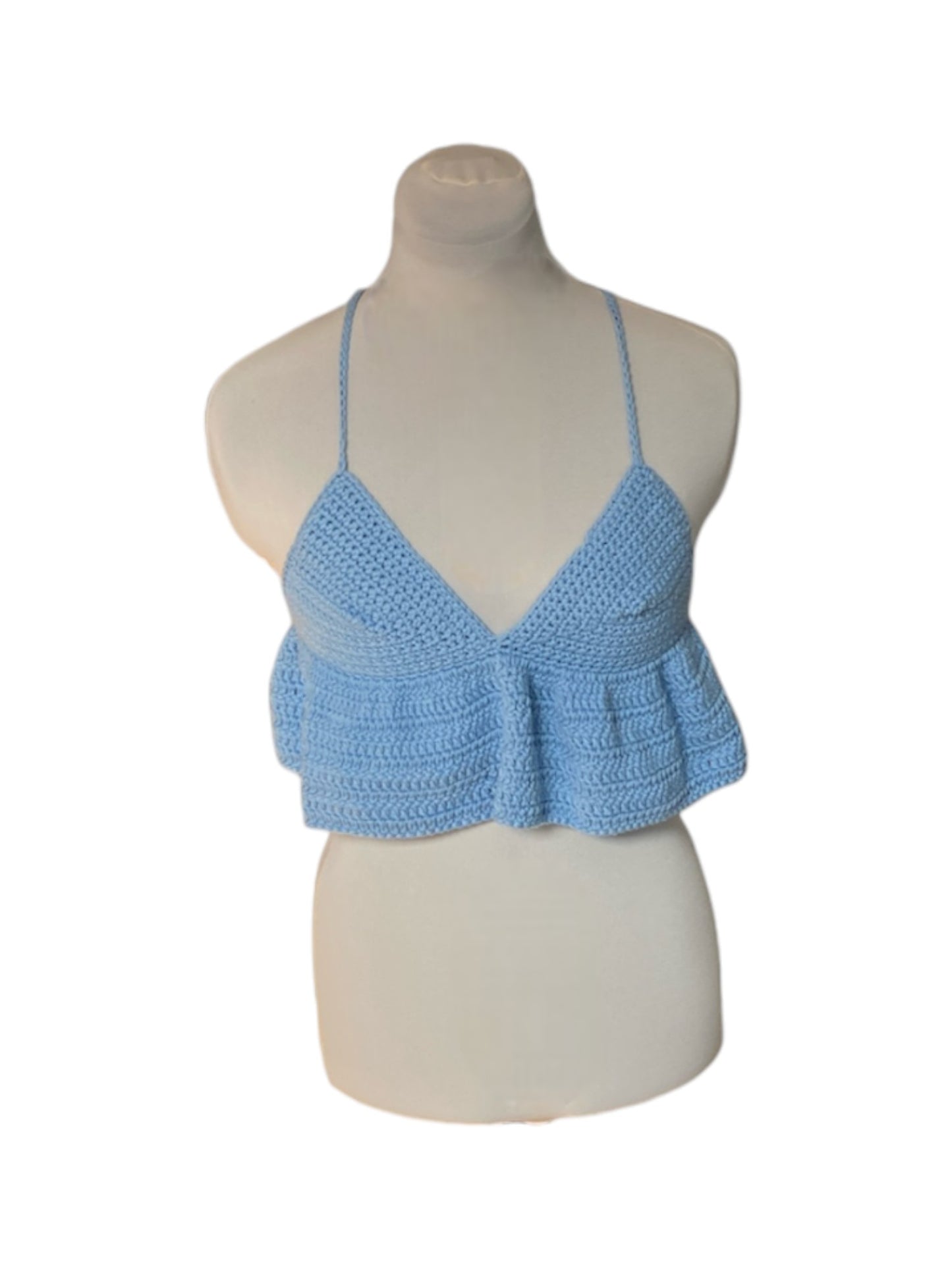 Gehaakte lichtblauwe crop-top/bralette van 100% katoen – handgemaakte festival top met speelse ruches – maat S