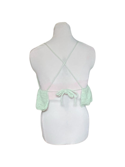 Gehaakte lichtgroene crop-top/bralette van 100% katoen – handgemaakte festival top met speelse ruches – maat L