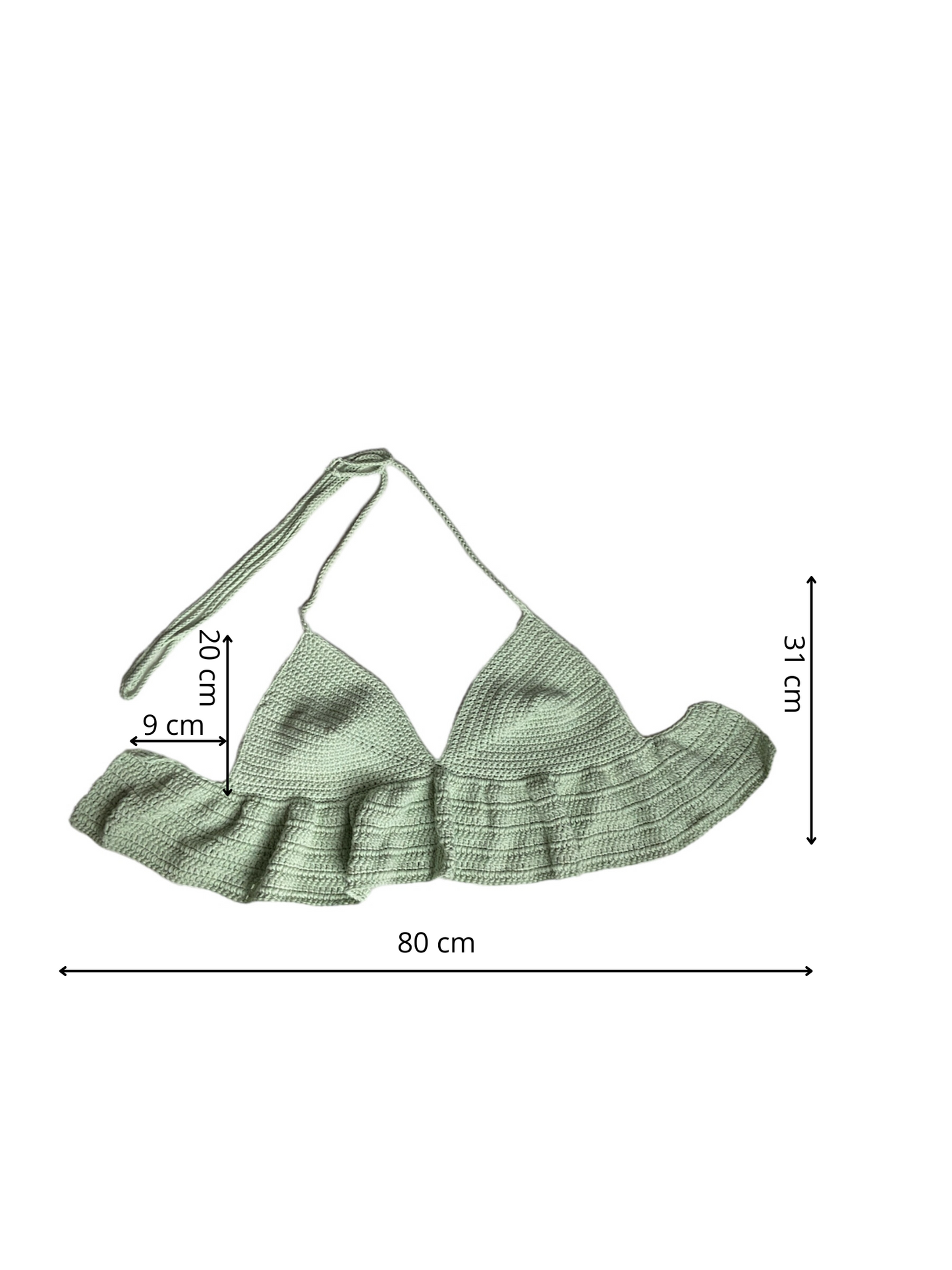 Gehaakte lichtgroene crop-top/bralette van 100% katoen – handgemaakte festival top met speelse ruches – maat L