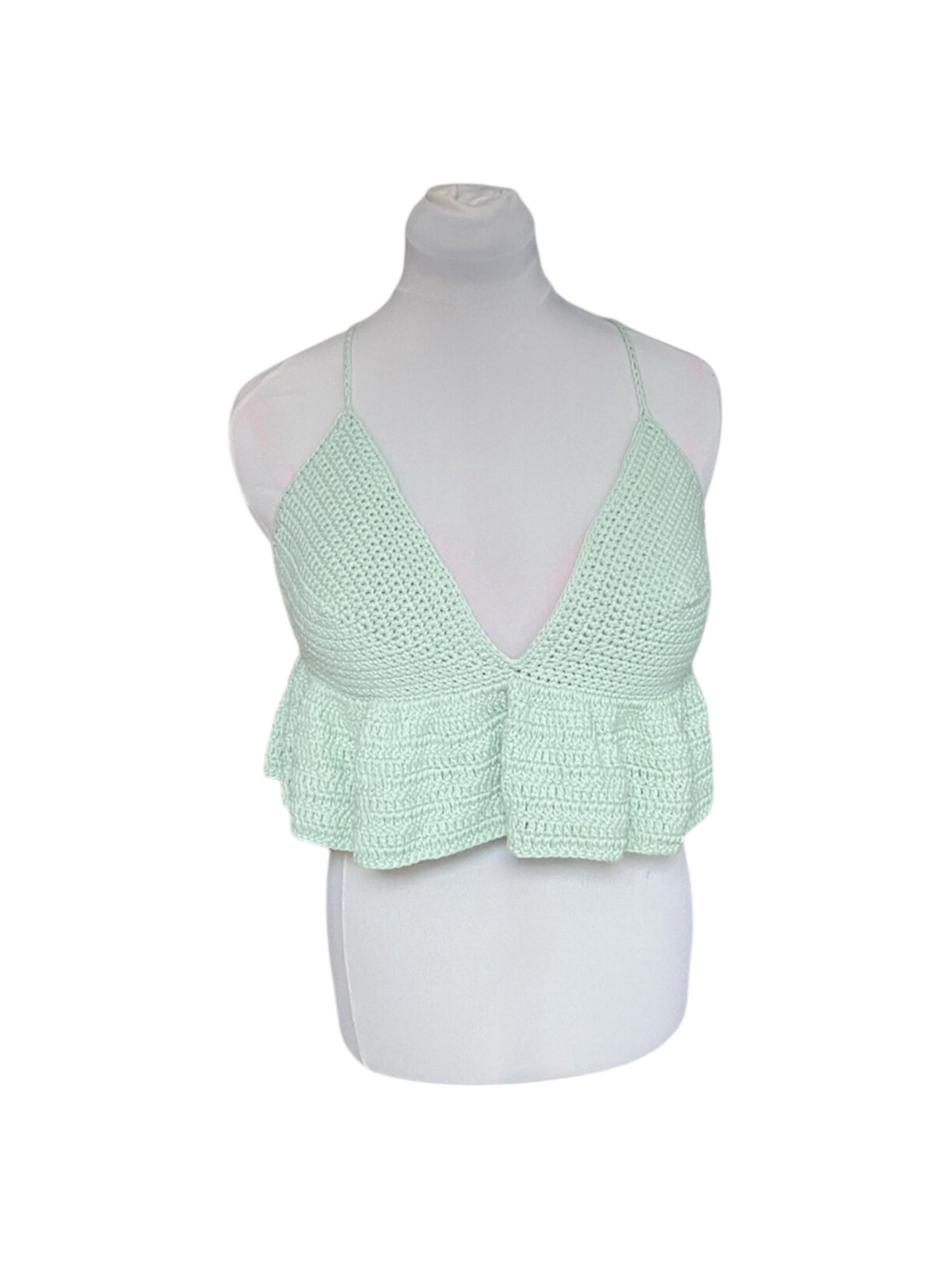 Gehaakte lichtgroene crop-top/bralette van 100% katoen – handgemaakte festival top met speelse ruches – maat L