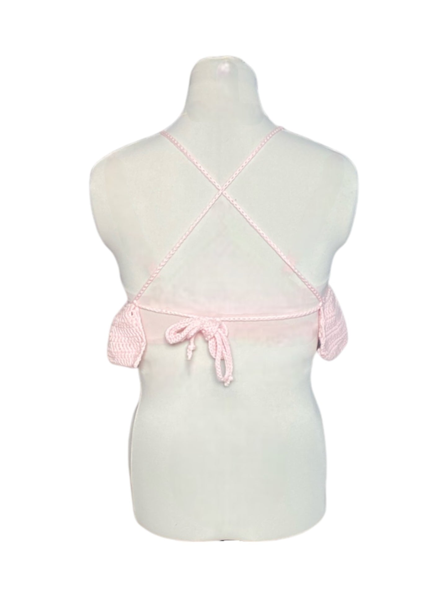 Gehaakte lichtroze crop-top/bralette van 100% katoen – handgemaakte festival top met speelse ruches  – maat M