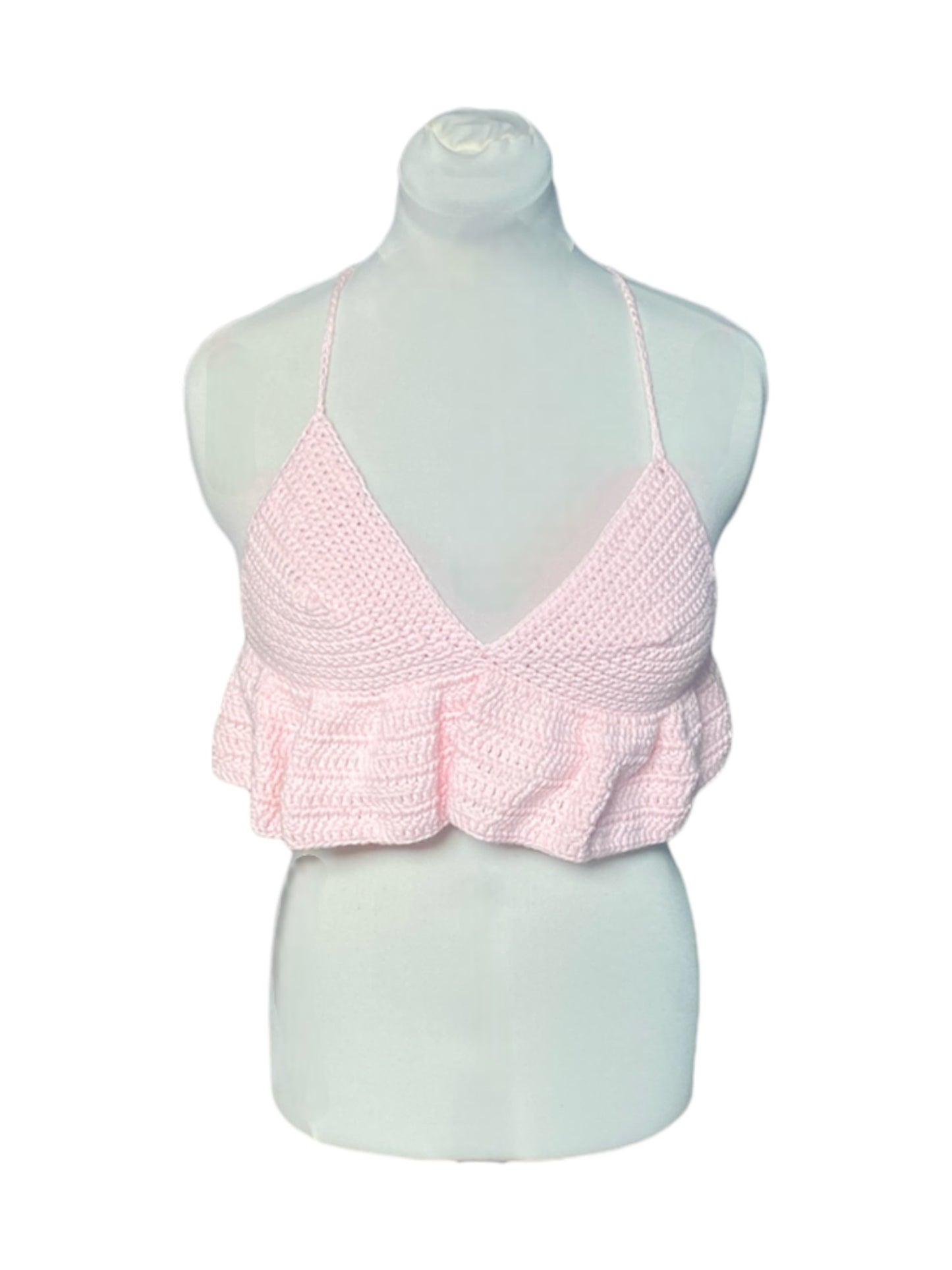 Gehaakte lichtroze crop-top/bralette van 100% katoen – handgemaakte festival top met speelse ruches  – maat M