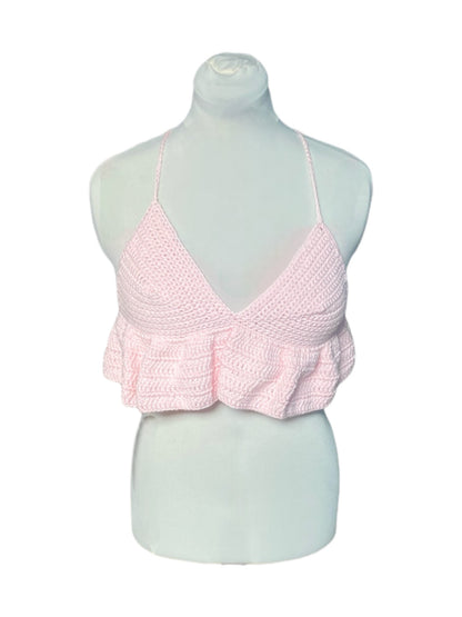Gehaakte lichtroze crop-top/bralette van 100% katoen – handgemaakte festival top met speelse ruches  – maat M