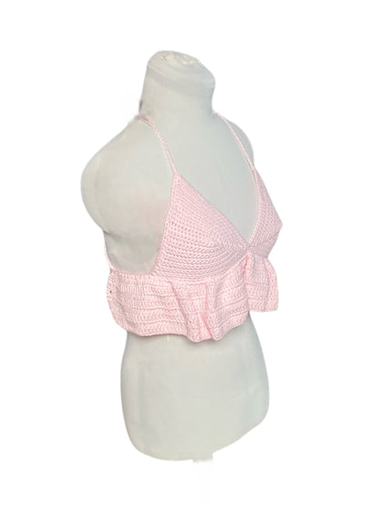 Gehaakte lichtroze crop-top/bralette van 100% katoen – handgemaakte festival top met speelse ruches  – maat M