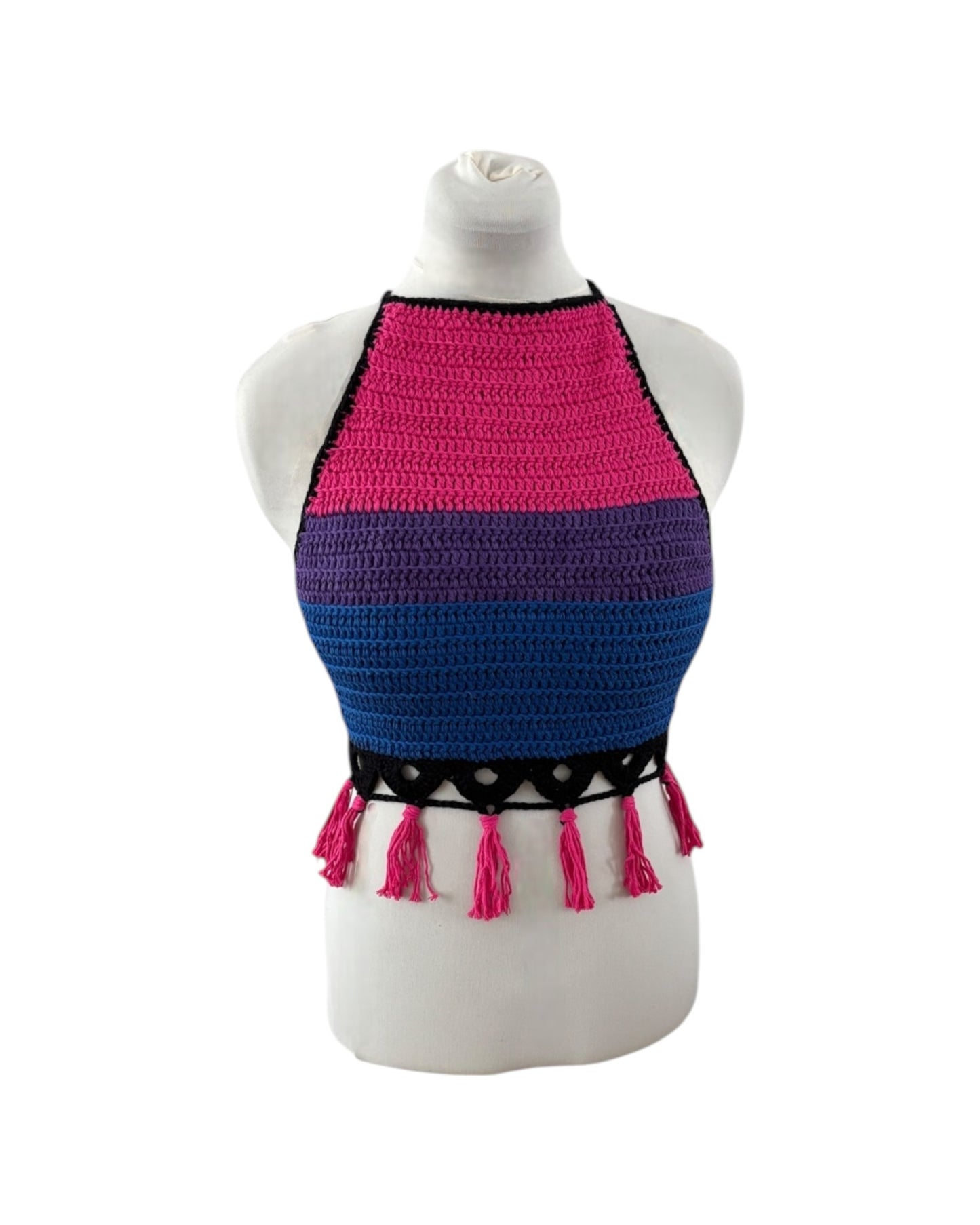 Gehaakte haltertop van 100% katoen – handgemaakte boho festival top met kwastjes in kleuren van bi pride vlag – maat L