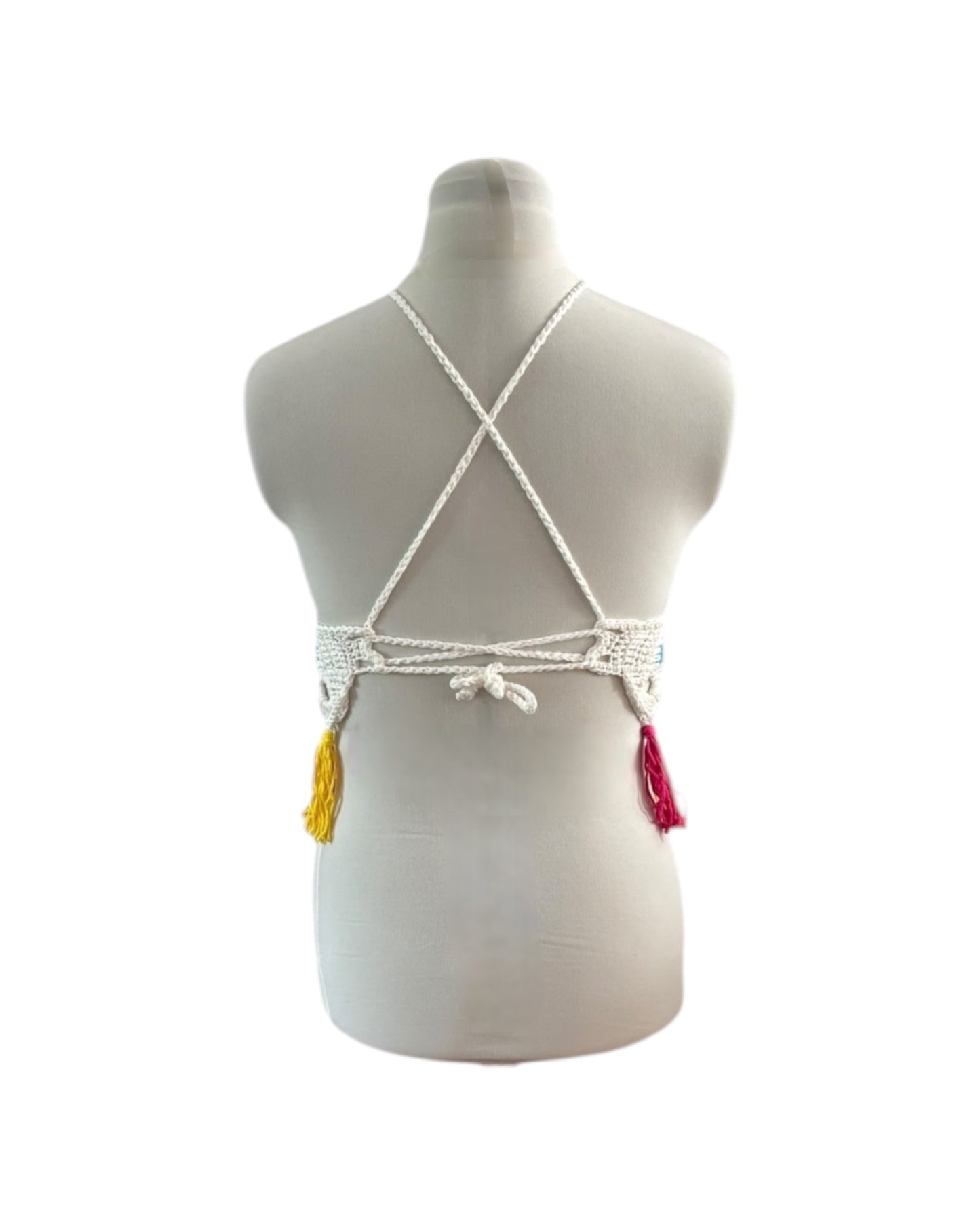 Gehaakte haltertop van 100% katoen – handgemaakte boho festival top met kwastjes in de pan-pride vlag kleuren – maat S