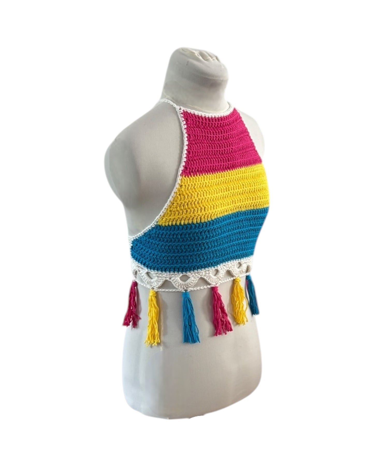 Gehaakte haltertop van 100% katoen – handgemaakte boho festival top met kwastjes in de pan-pride vlag kleuren – maat S