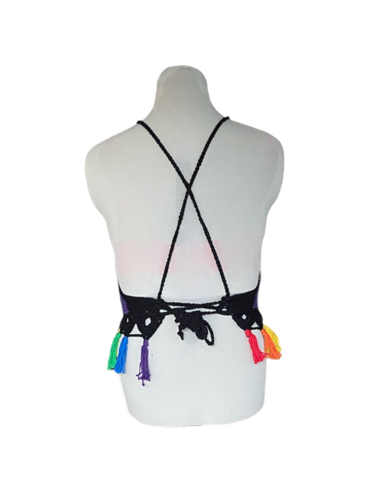 Gehaakte haltertop van 100% katoen – handgemaakte boho festival top met kwastjes in regenboog kleuren – maat XL