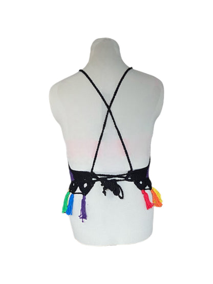 Gehaakte haltertop van 100% katoen – handgemaakte boho festival top met kwastjes in regenboog kleuren – maat XL