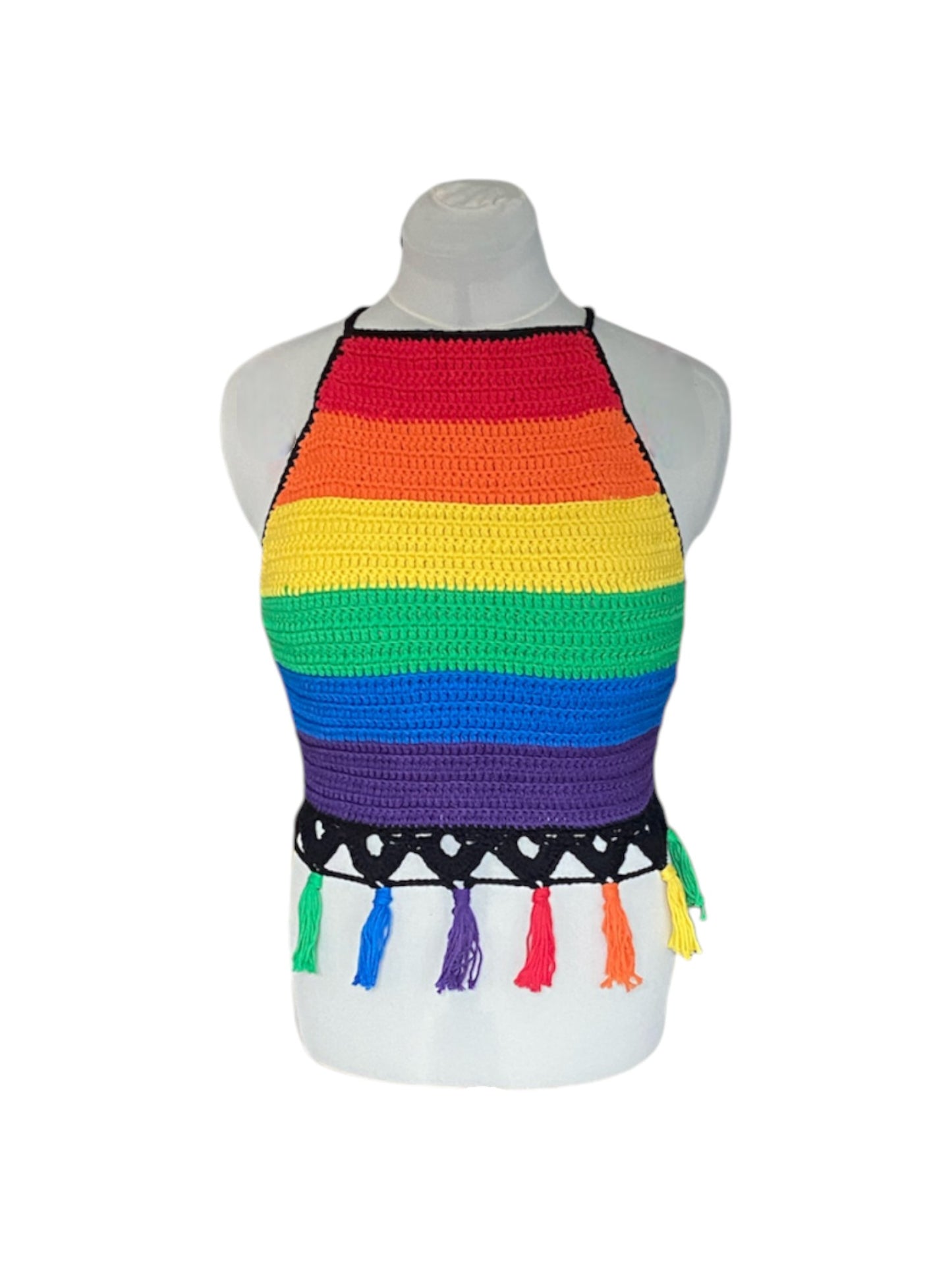 Gehaakte haltertop van 100% katoen – handgemaakte boho festival top met kwastjes in regenboog kleuren – maat XL