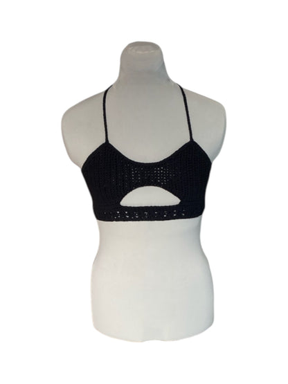 Gehaakte zwarte crop-top/bralette katoen - handgemaakte festival top (sneak-a-peek) - maat L