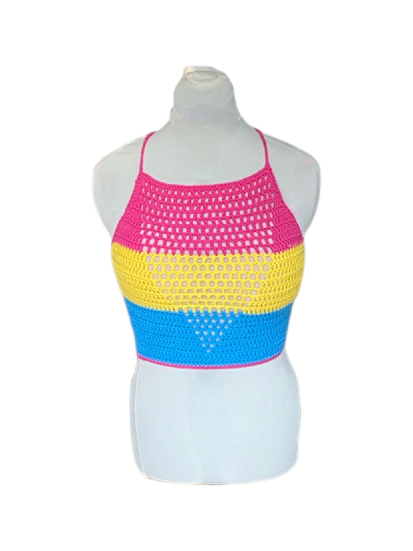 Gehaakte haltertop van 100% katoen met mesh detail in V-vorm - handgemaakte festival top in pan pride kleuren- maat L