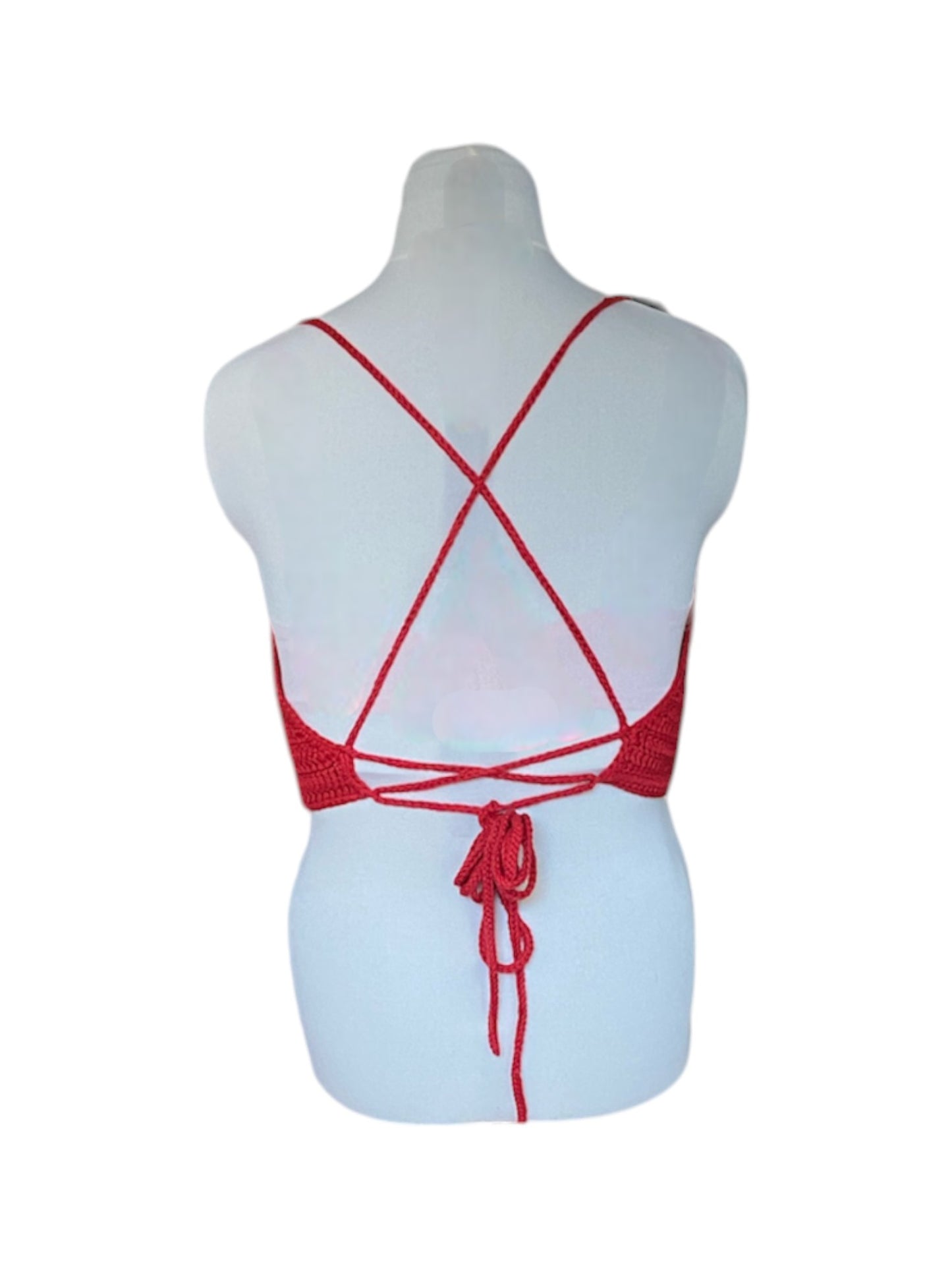 Gehaakte rode haltertop van 100% katoen met mesh detail in V-vorm - handgemaakte festival top - maat S