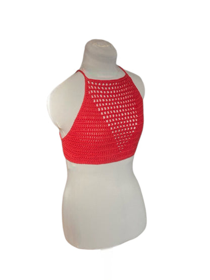 Gehaakte rode haltertop van 100% katoen met mesh detail in V-vorm - handgemaakte festival top - maat S