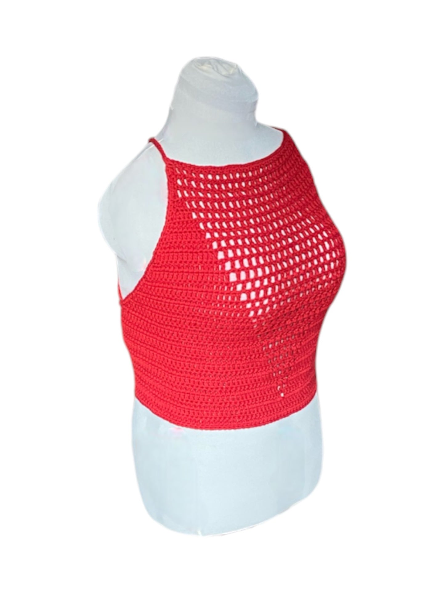 Gehaakte rode haltertop van 100% katoen met mesh detail in V-vorm - handgemaakte festival top - maat XL