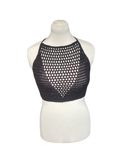 Gehaakte zwarte haltertop van 100% katoen met mesh detail in V-vorm - handgemaakte festival top - maat M