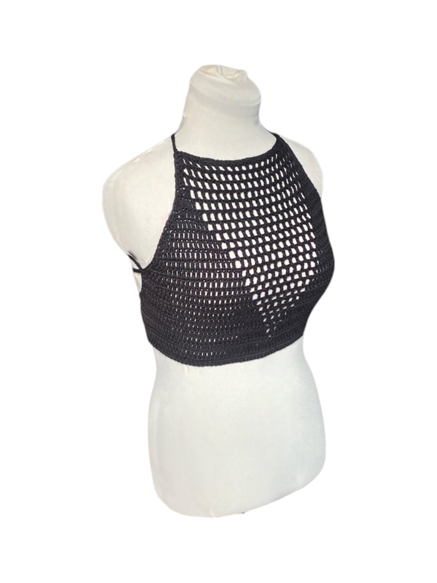 Gehaakte zwarte haltertop van 100% katoen met mesh detail in V-vorm - handgemaakte festival top - maat M