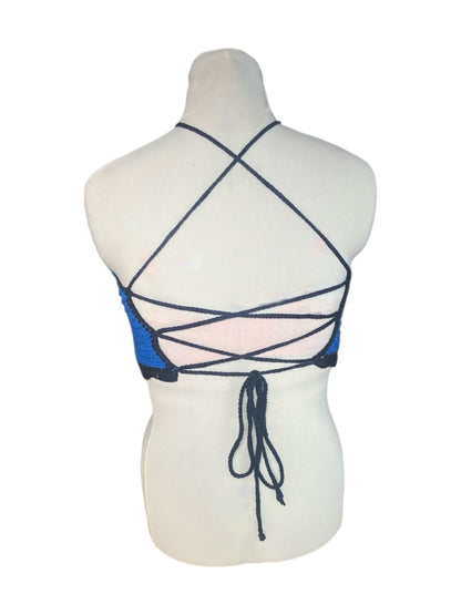 Gehaakte bi-pride halter-top - handgemaakte crop-top met geribbelde structuur en schelpenrand - maat L