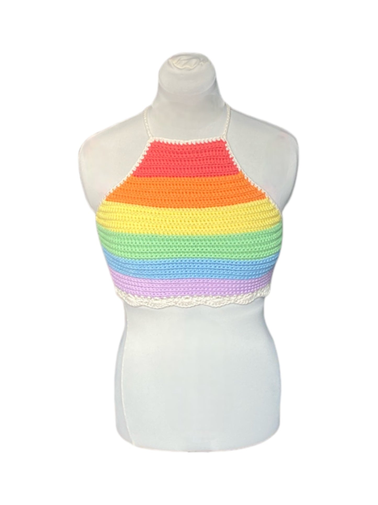 Gehaakte pastel regenboog halter-top - handgemaakte crop-top met geribbelde structuur en schelpenrand - maat M