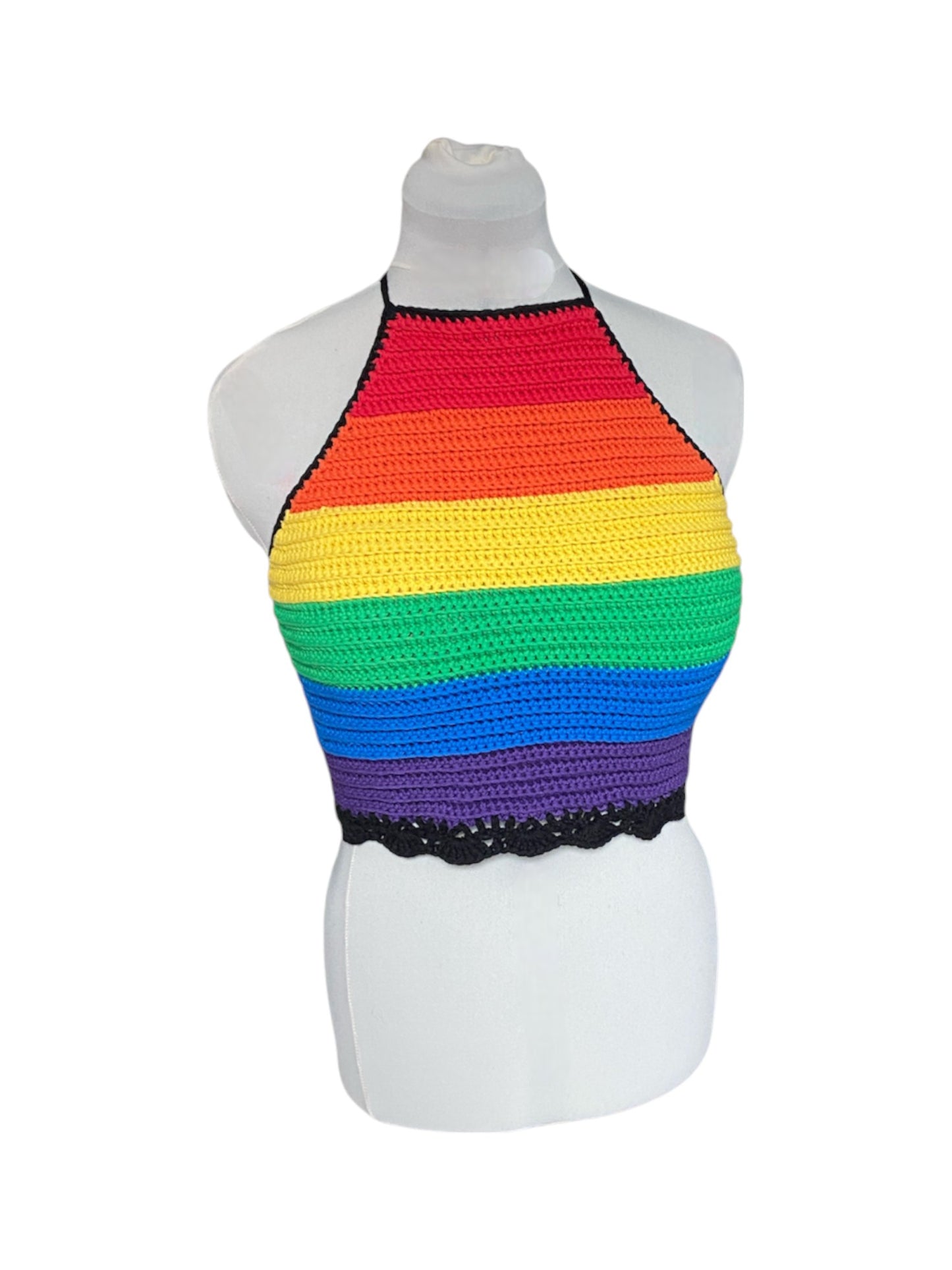 Gehaakte regenboog pride halter-top - handgemaakte crop-top met geribbelde structuur en schelpenrand - maat XL